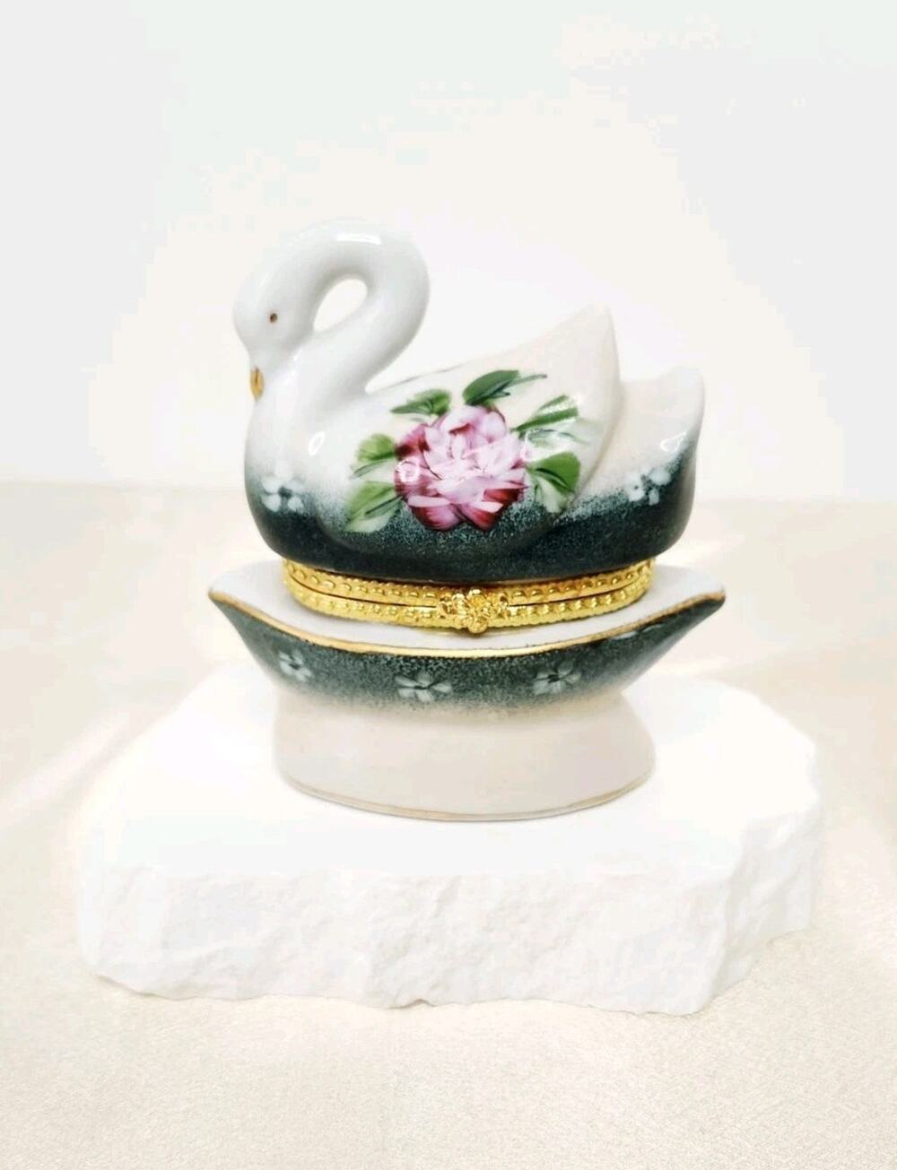Vintage Swan Trinket Box Formalities Baum Bros Porcelain Gold Accent 1950s 4"